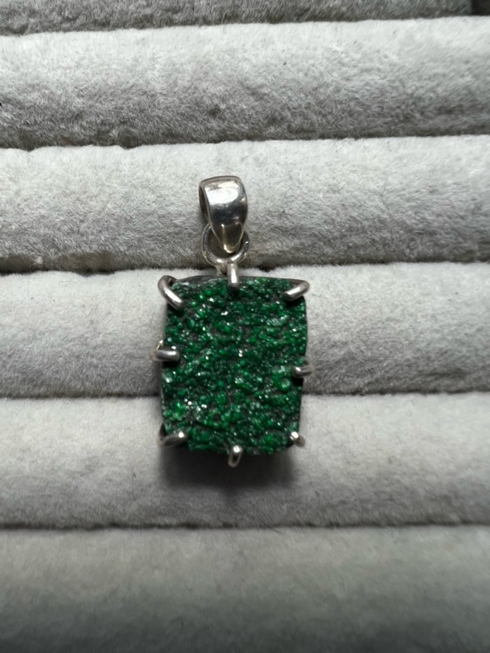 Green Uvavorite in matrix Rectangle Pendant Necklace - Elegant Silver Setting
